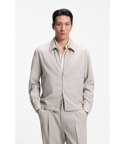 Boss Relaxed Fit Zip Up Jacket In Patterned Virgin Wool Light Beige