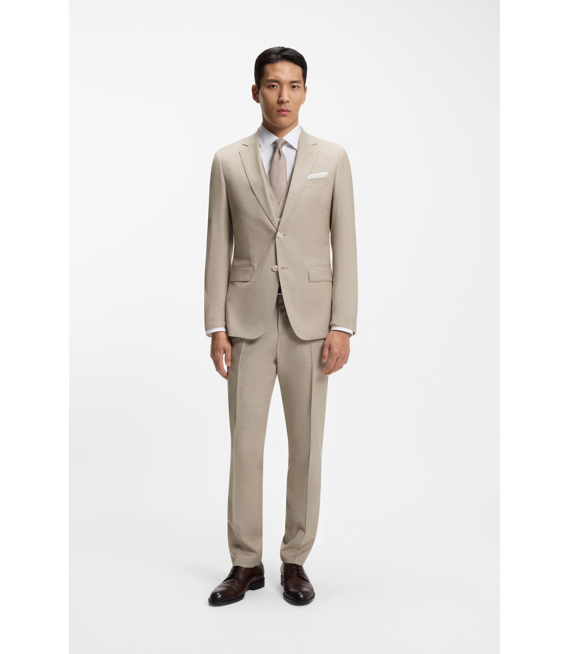 Boss Three Piece Slim Fit Suit In Patterned Stretch Wool Khaki