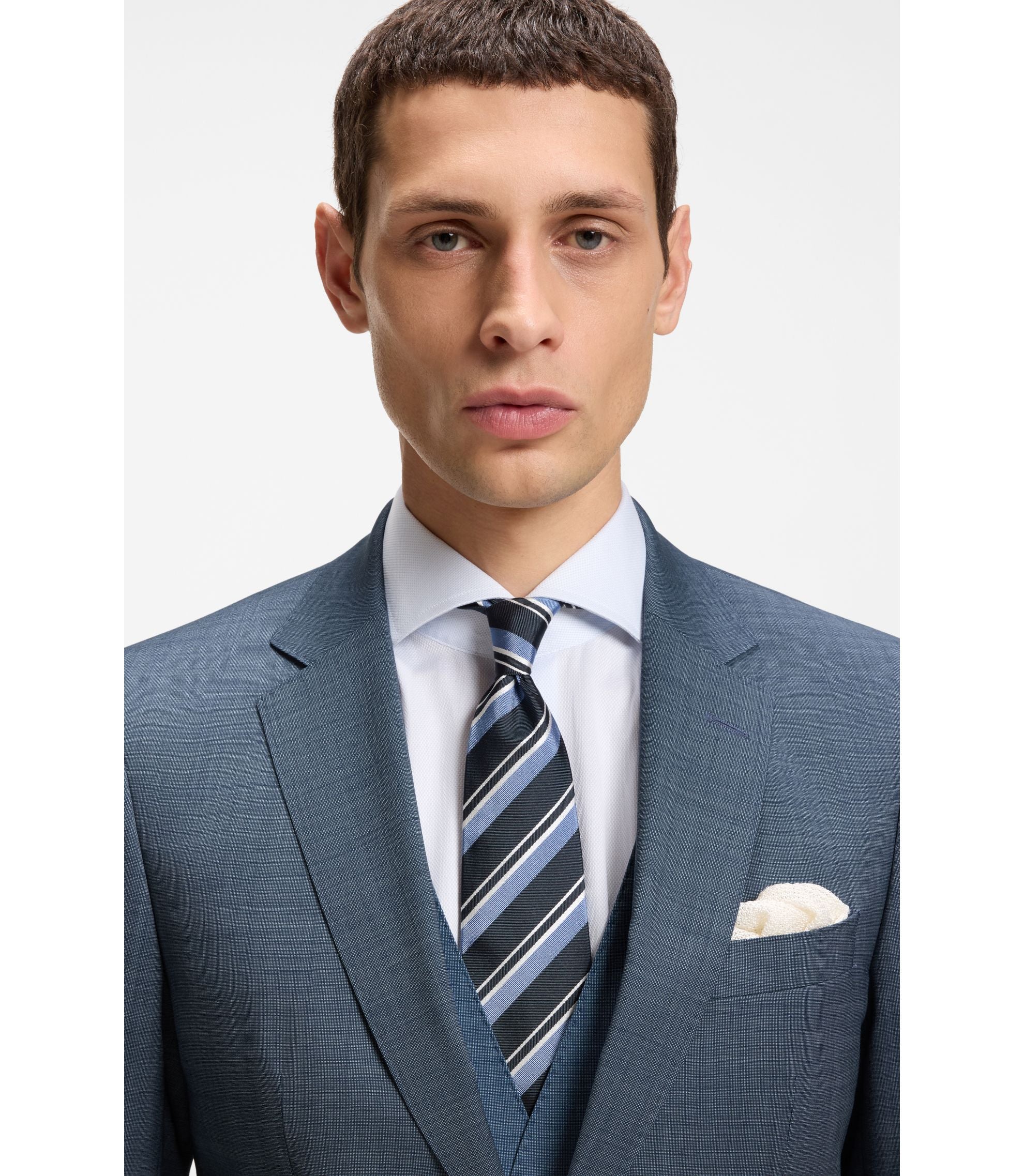 Boss Three Piece Slim Fit Suit In Patterned Stretch Wool Light Blue