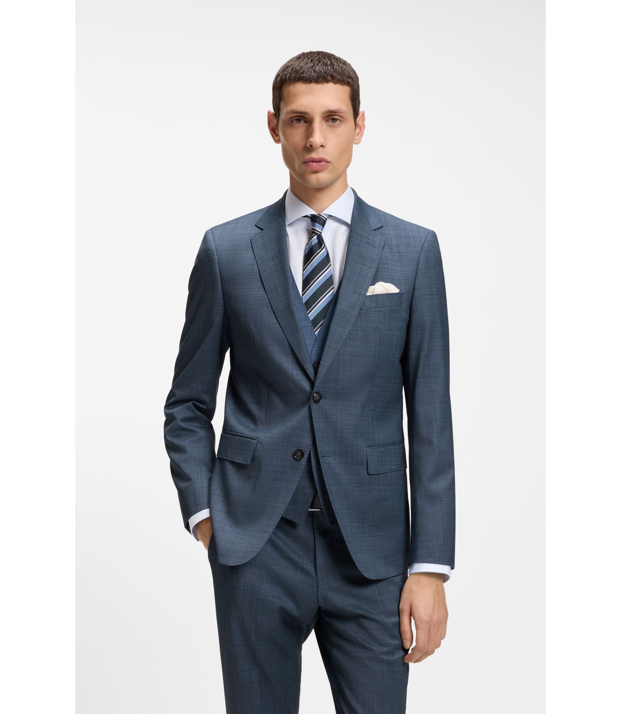 Boss Three Piece Slim Fit Suit In Patterned Stretch Wool Light Blue