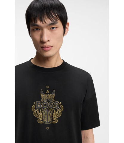 Boss Year Of The Horse Logo Artwork T Shirt In Cotton Jersey Black