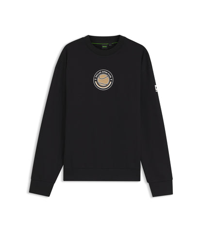 Boss Cotton Terry Sweatshirt With Tennis Artwork Black