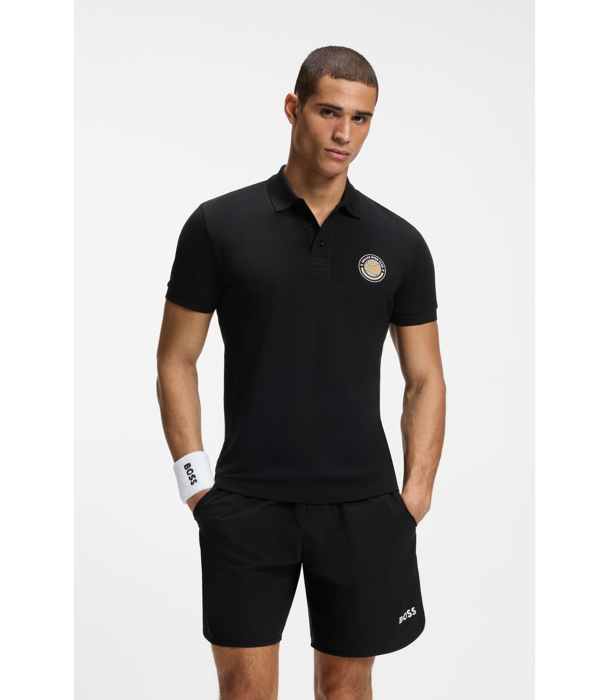 Boss Cotton Piqu Polo Shirt With Tennis Artwork Black
