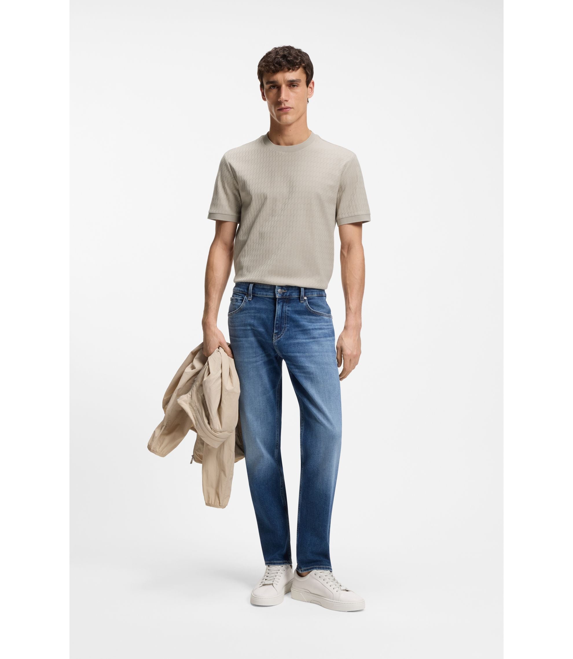 Boss Geometric Jacquard T Shirt In Cotton Light Beige