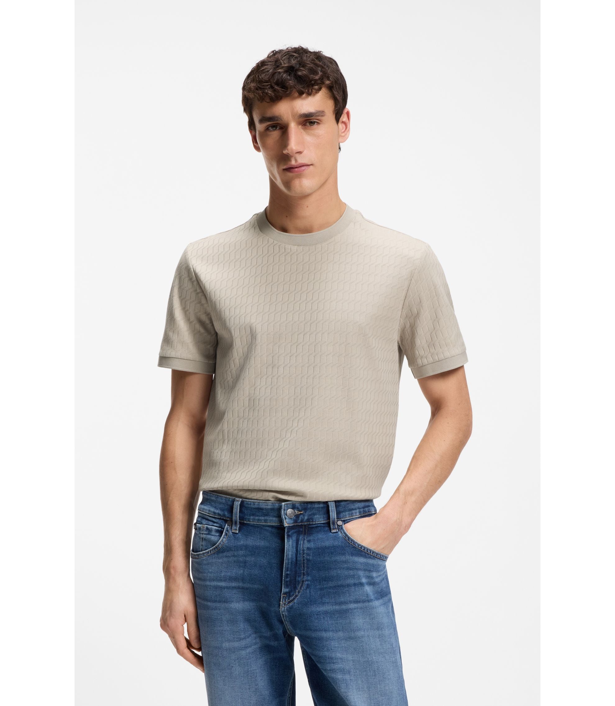 Boss Geometric Jacquard T Shirt In Cotton Light Beige