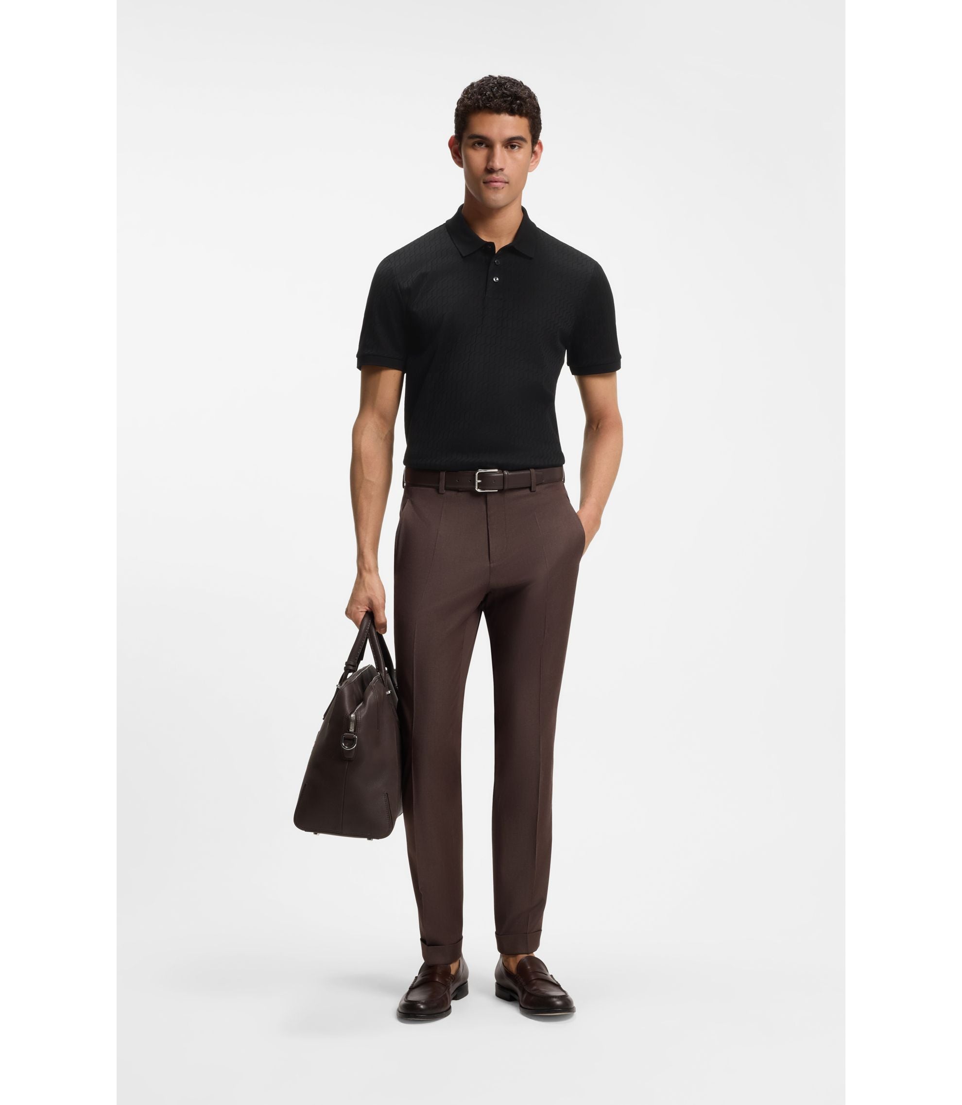 Boss Geometric Jacquard Polo Shirt In Cotton Black