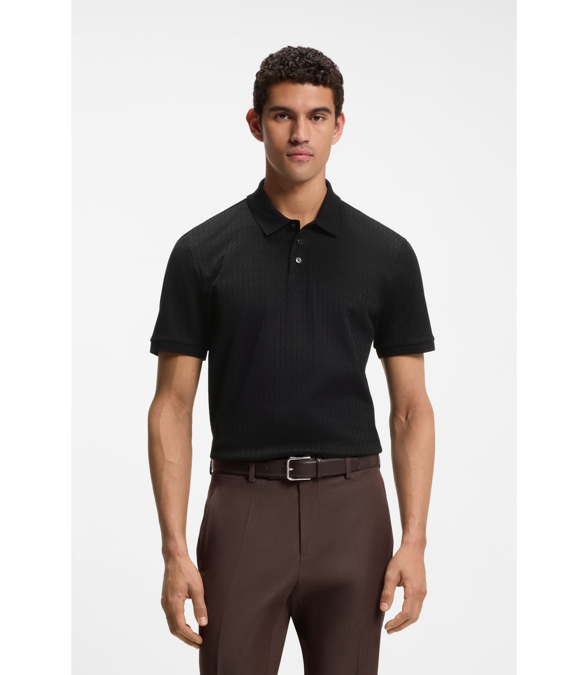 Boss Geometric Jacquard Polo Shirt In Cotton Black