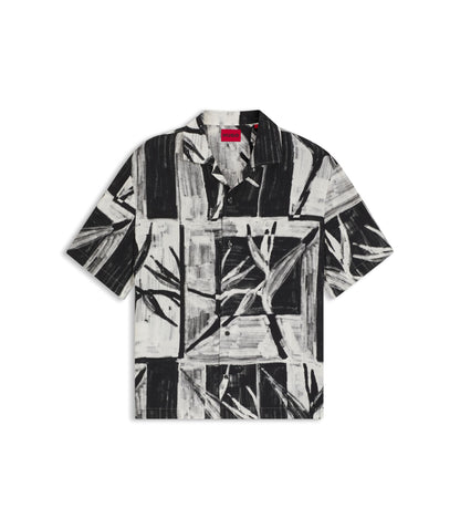 Hugo Oversized Fit Printed Shirt With Camp Collar Black