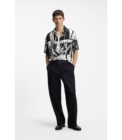 Hugo Oversized Fit Printed Shirt With Camp Collar Black