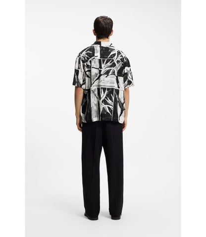 Hugo Oversized Fit Printed Shirt With Camp Collar Black