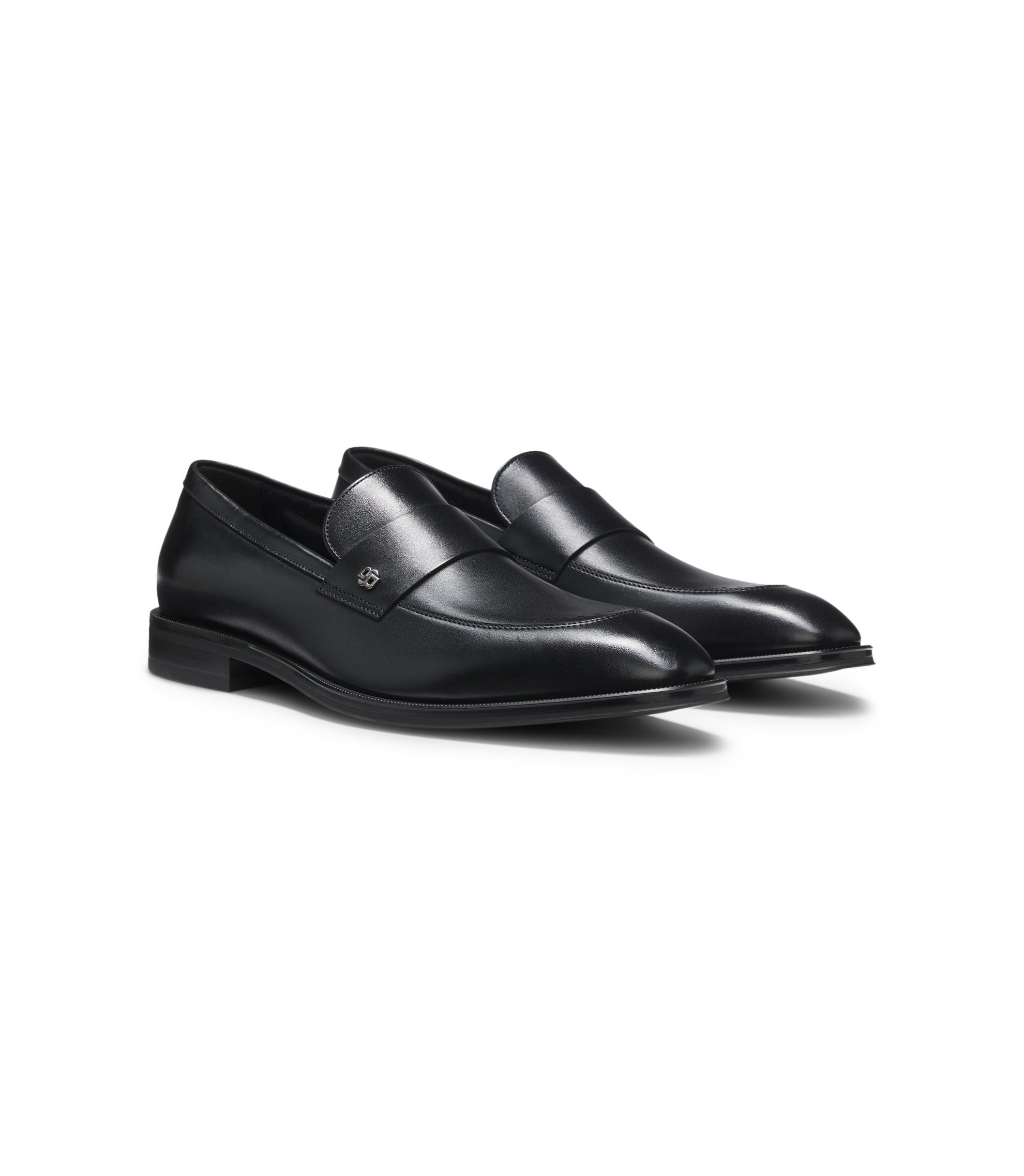 Boss Leather Loafers With Double B Monogram Trim Black Black