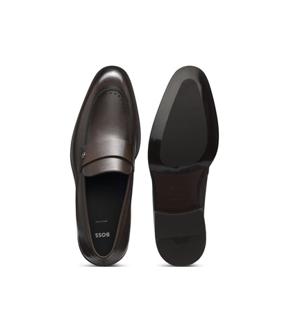 Boss Leather Loafers With Double B Monogram Trim Dark Brown Dark Brown