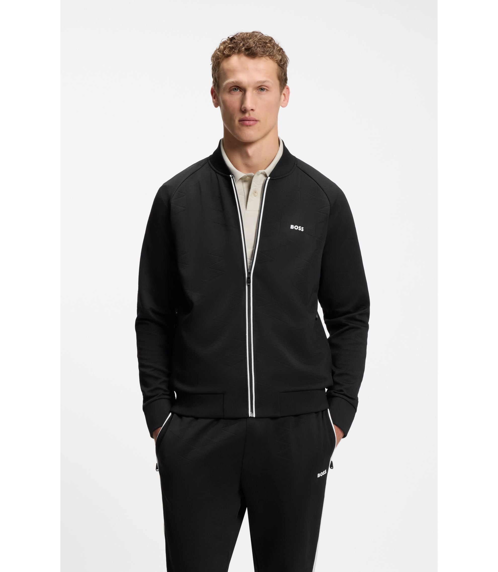 Boss Triangle Jacquard Zip Up Sweatshirt With Rubberized Logo Black