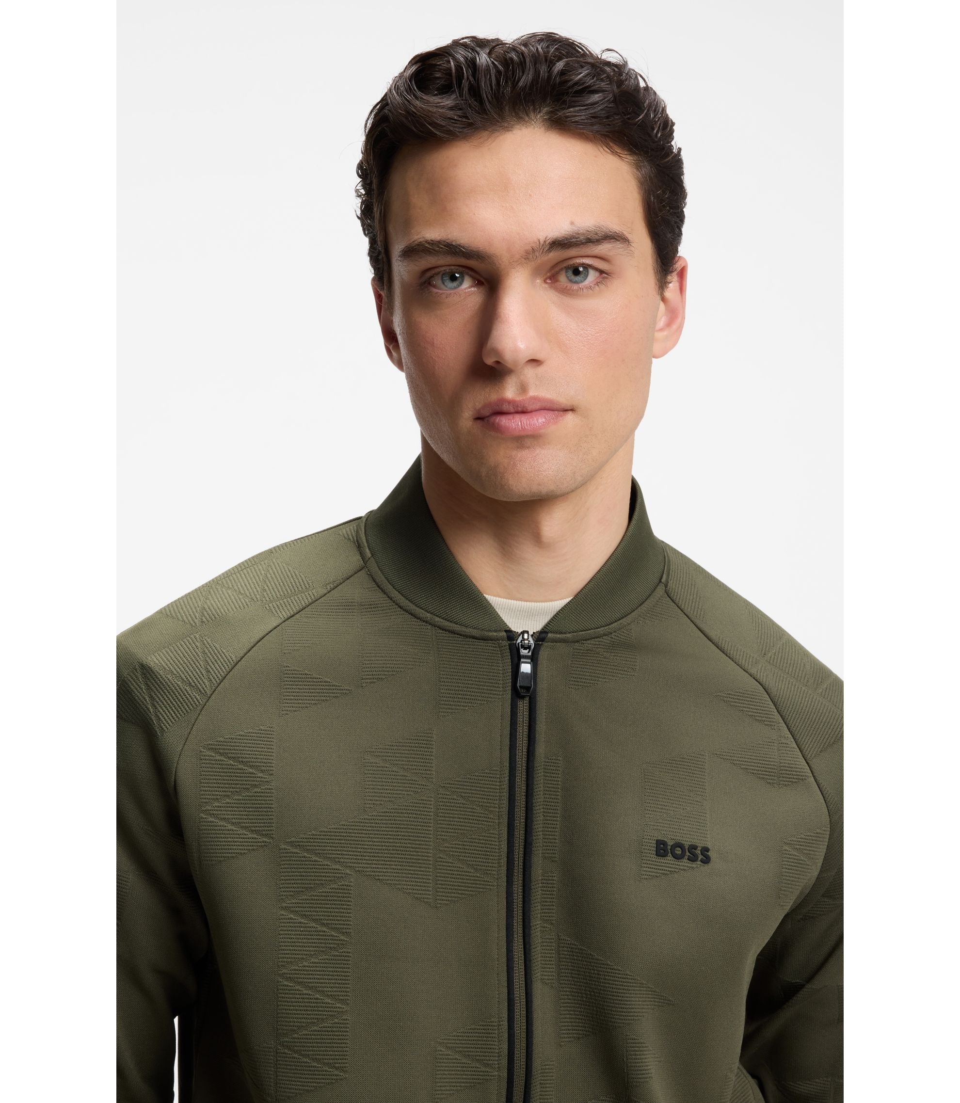 Boss Triangle Jacquard Zip Up Sweatshirt With Rubberized Logo Light Green