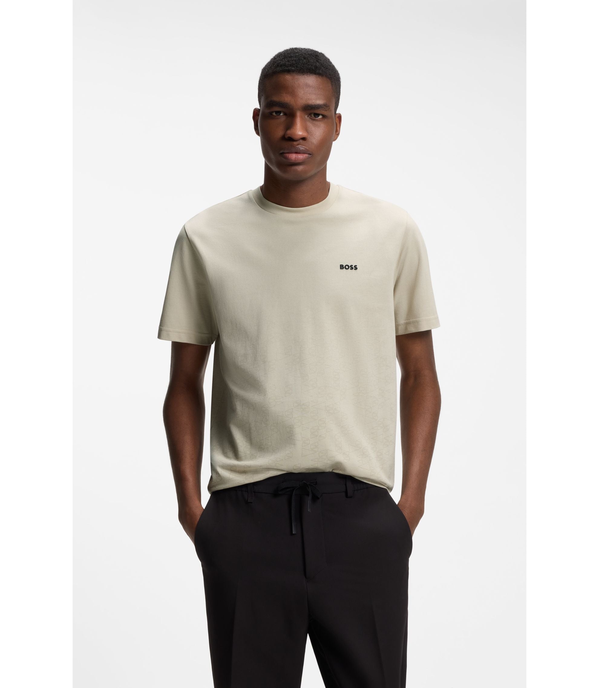 Boss Cotton Piqu T Shirt With All Over Print Light Beige