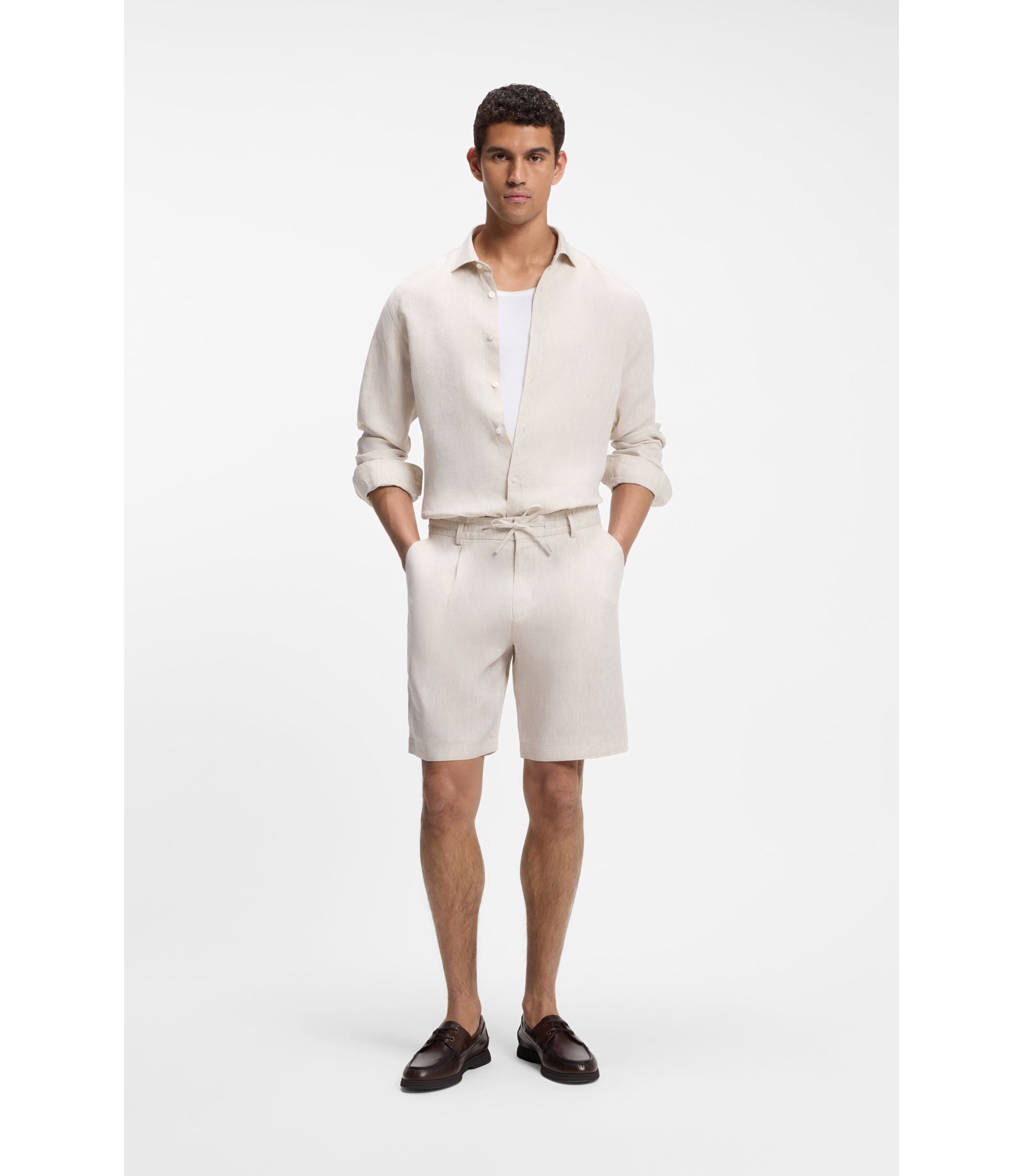 Boss Tapered Fit Shorts In Linen Light Beige