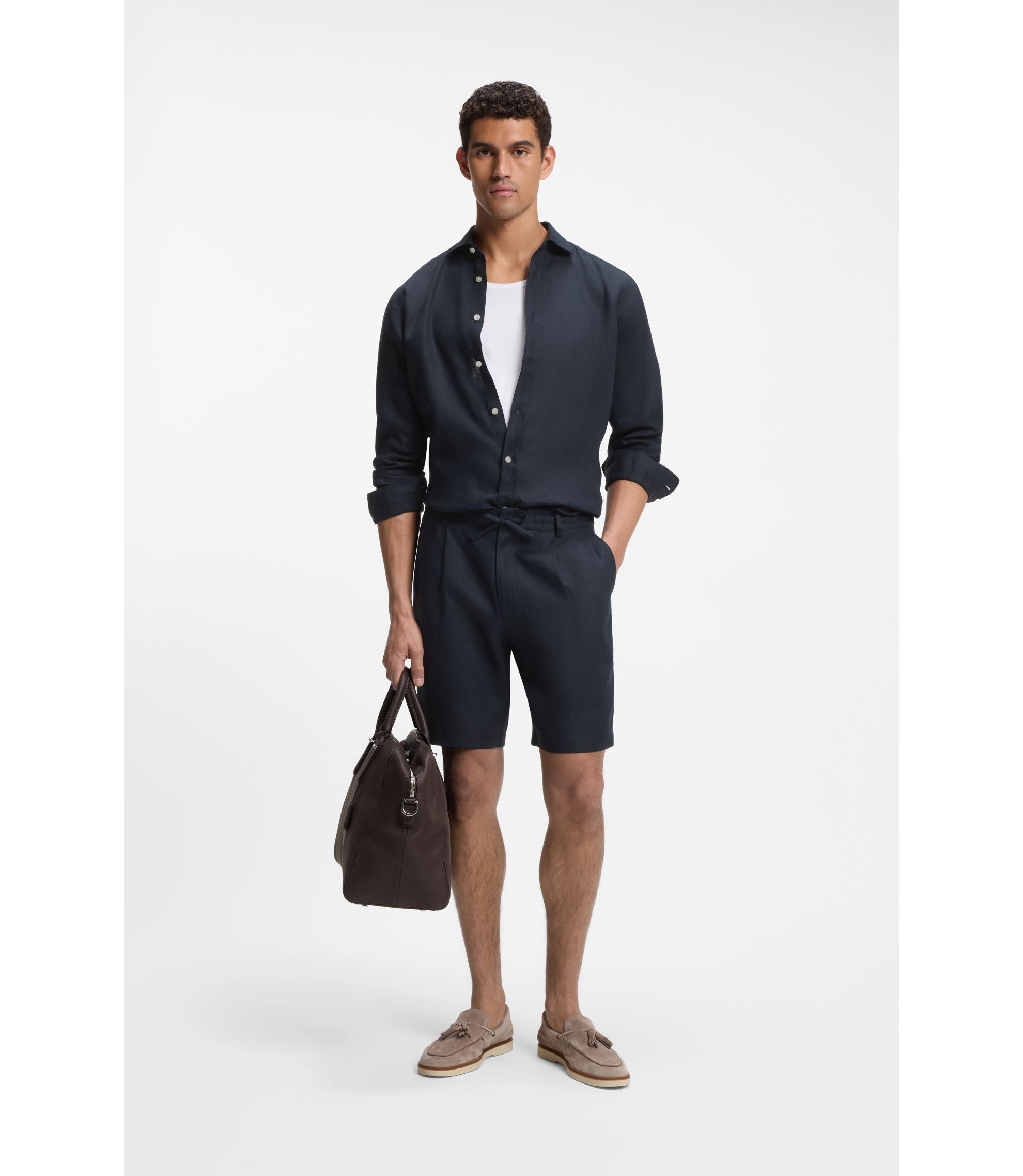 Boss Tapered Fit Shorts In Linen Dark Blue