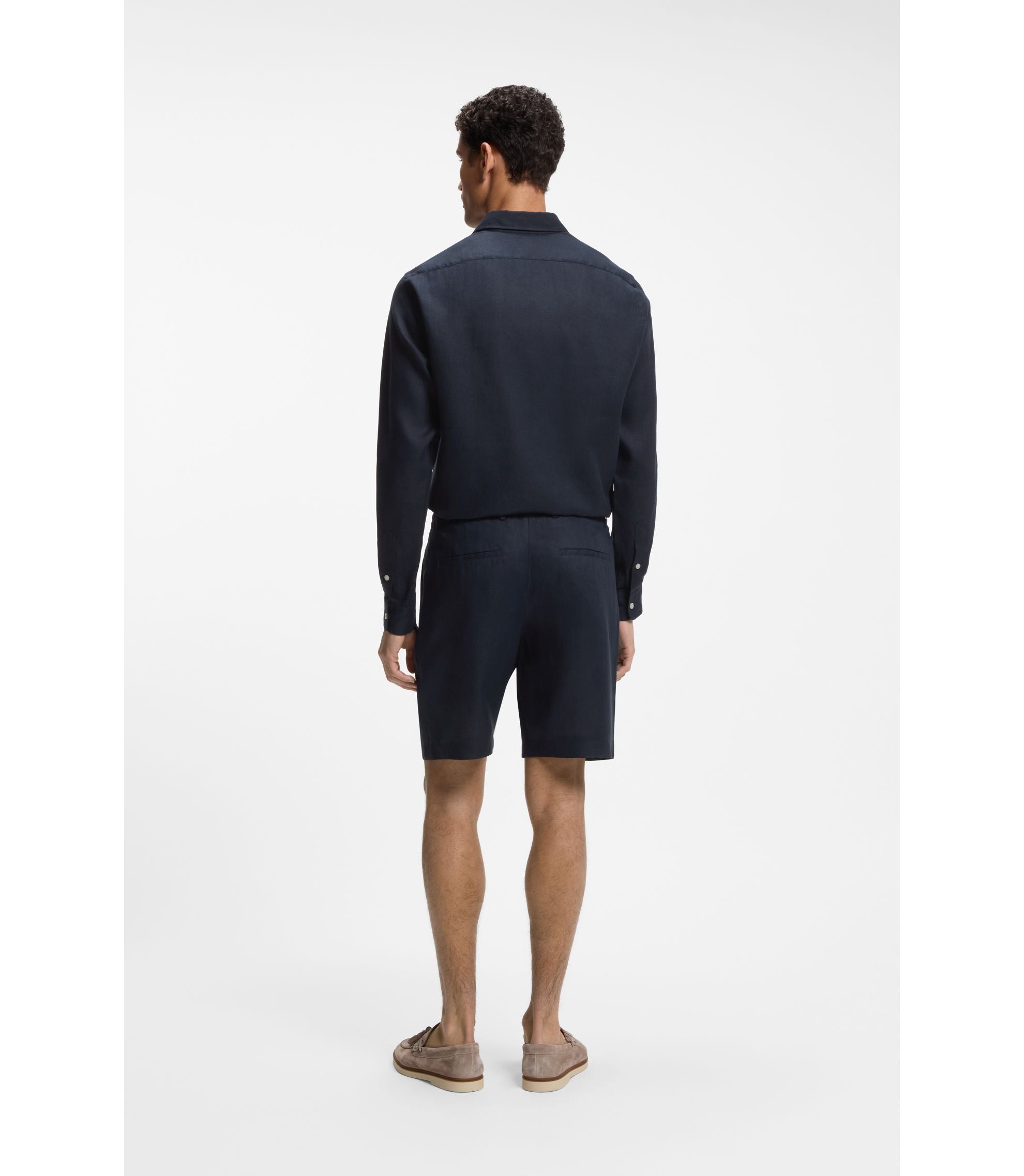 Boss Tapered Fit Shorts In Linen Dark Blue