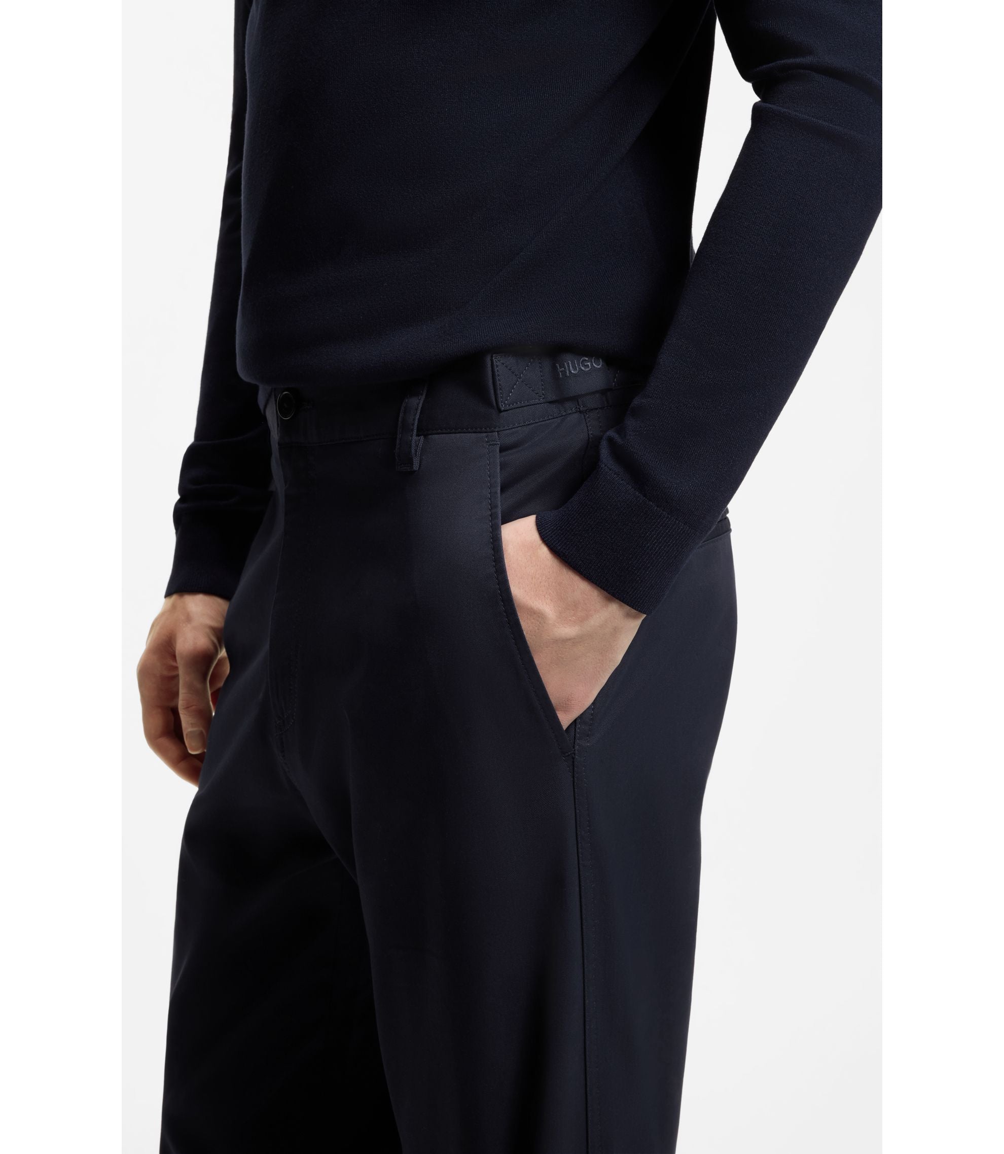 Hugo Straight Fit Pants In Mercerized Stretch Cotton Dark Blue