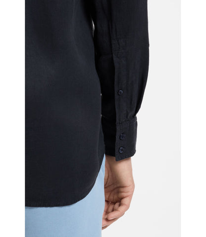 Boss Regular Fit Shirt In Linen Dark Blue