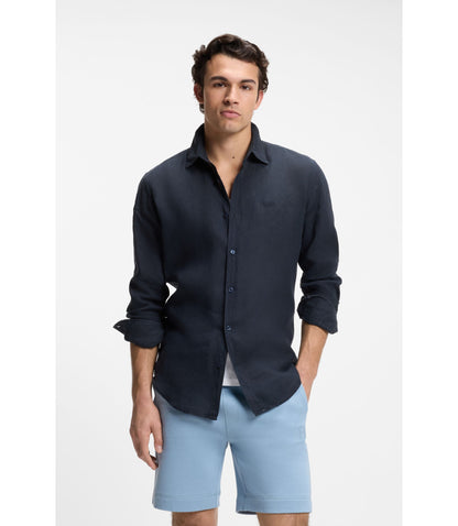 Boss Regular Fit Shirt In Linen Dark Blue