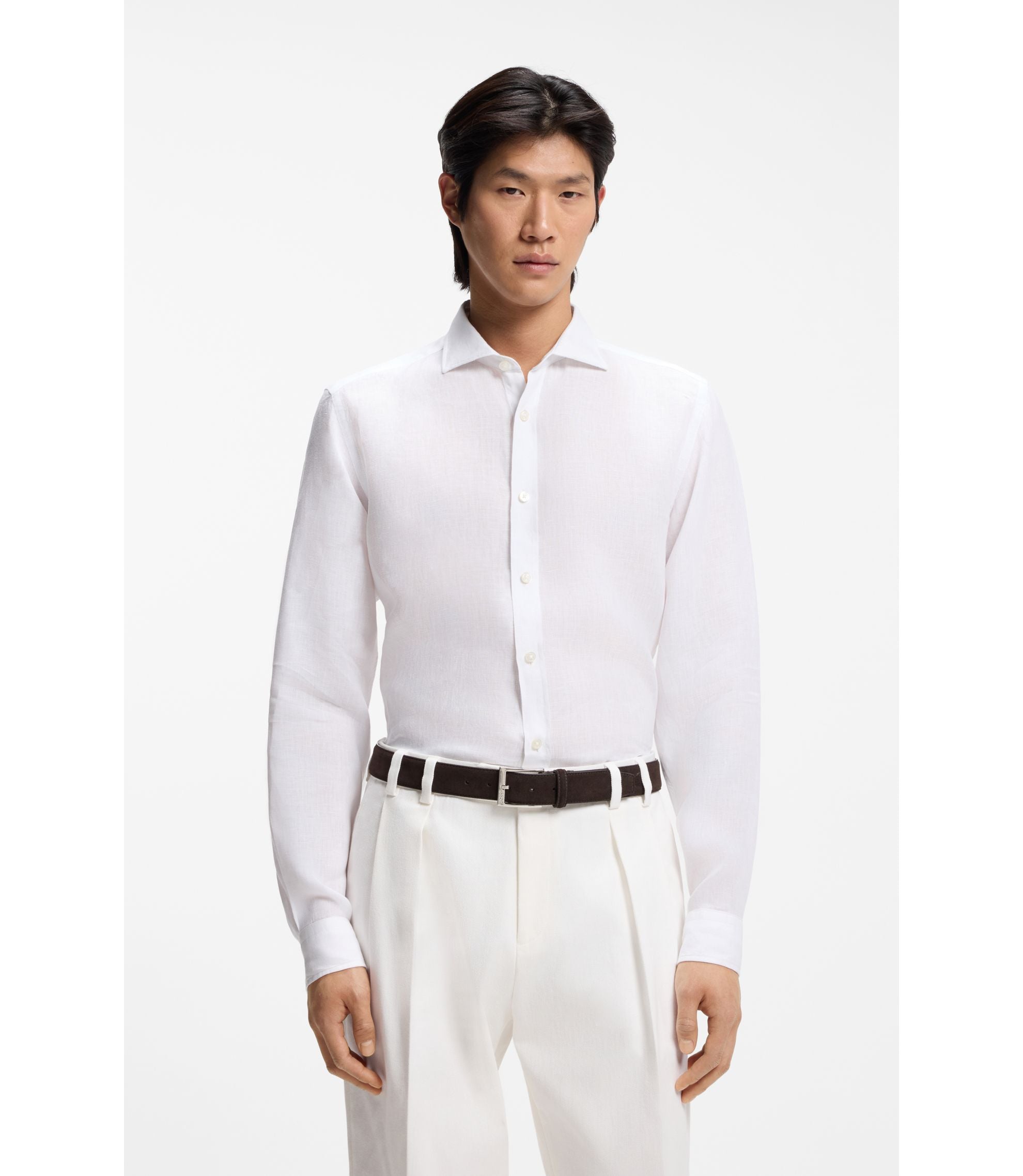 Boss Regular Fit Shirt In Washed Linen White