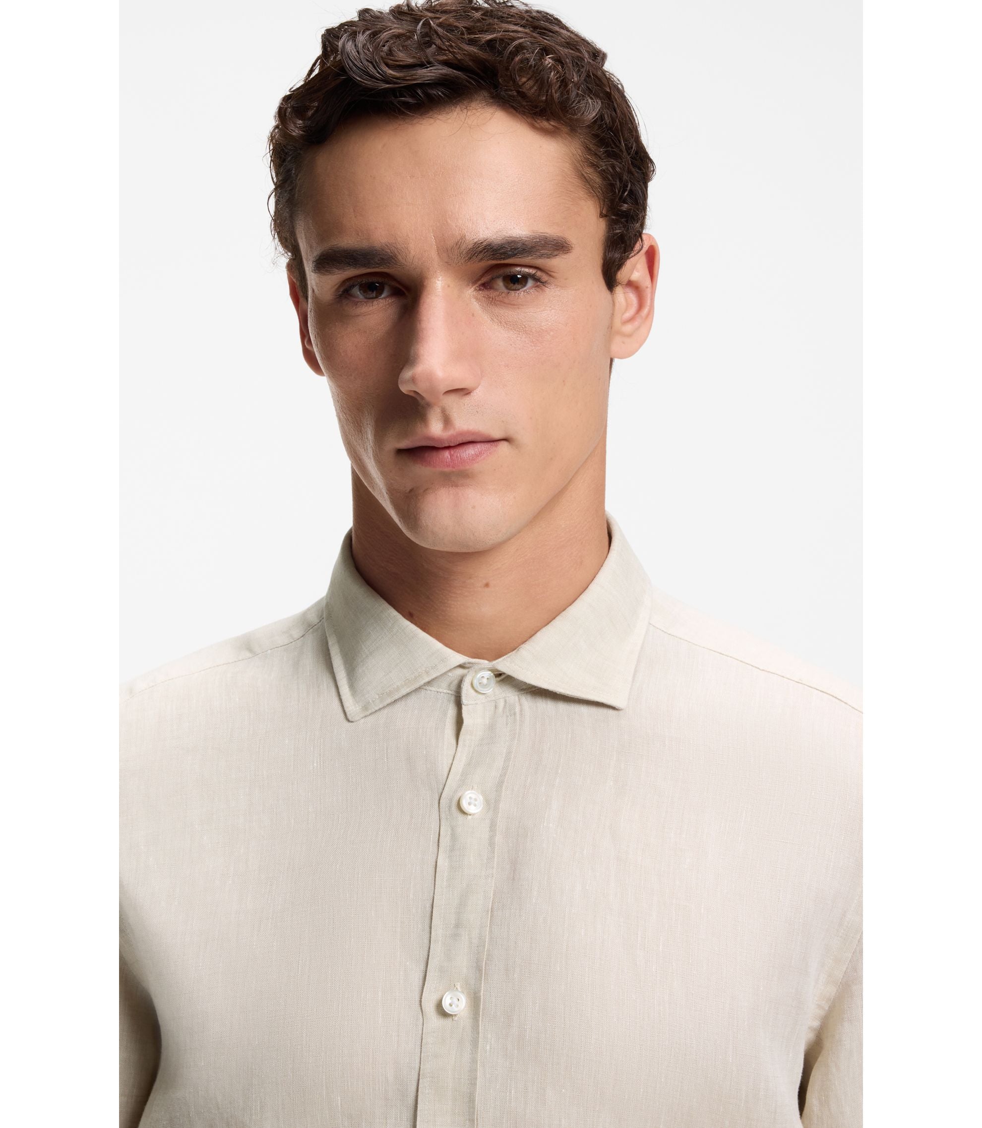 Boss Regular Fit Shirt In Washed Linen Light Beige