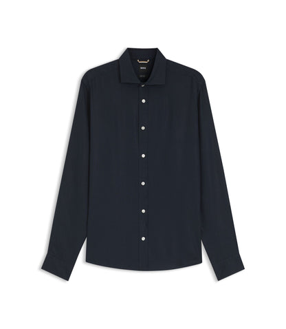 Boss Regular Fit Shirt In Washed Linen Dark Blue