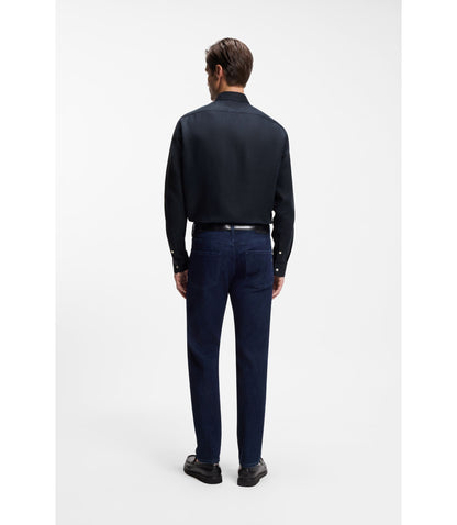 Boss Regular Fit Shirt In Washed Linen Dark Blue