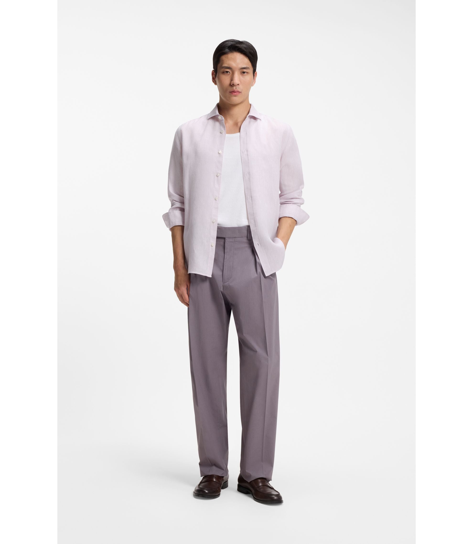 Boss Regular Fit Shirt In Washed Linen Light Purple