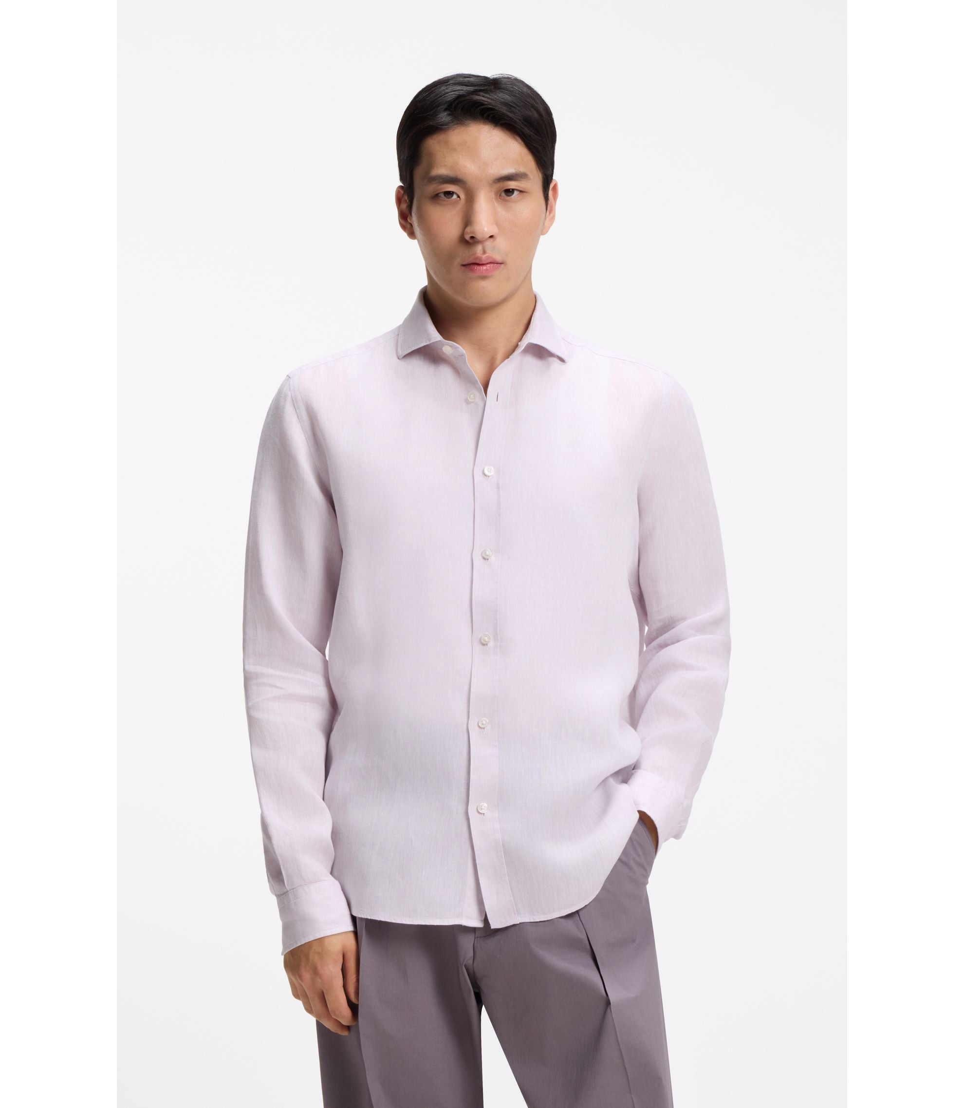Boss Regular Fit Shirt In Washed Linen Light Purple