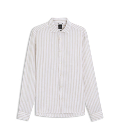 Boss Regular Fit Shirt In Striped Linen Light Beige