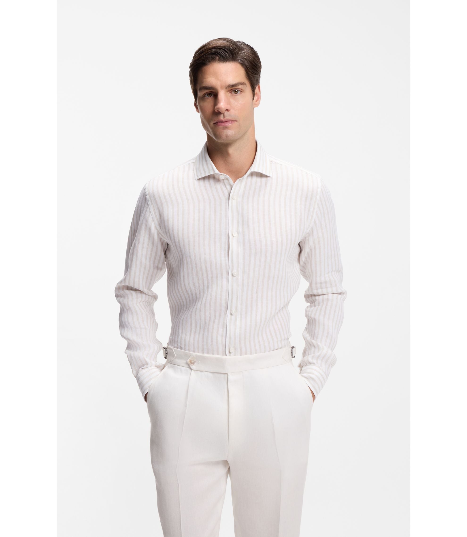 Boss Regular Fit Shirt In Striped Linen Light Beige