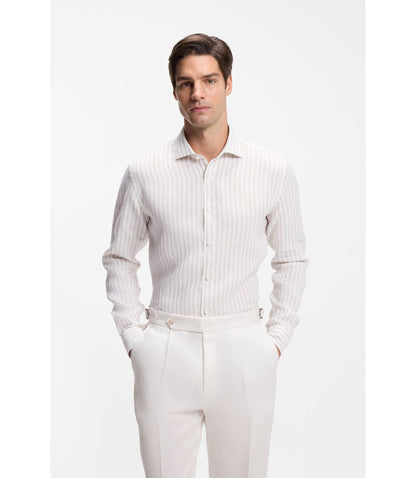 Boss Regular Fit Shirt In Striped Linen Light Beige