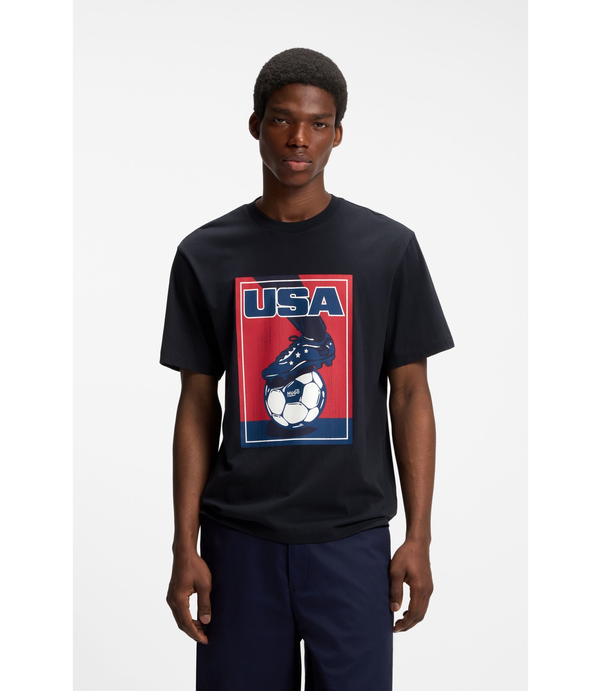 Hugo Relaxed Fit T Shirt In Cotton With Soccer Artwork Usa