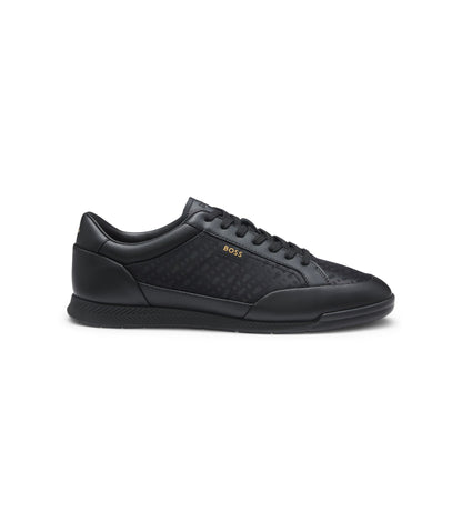 Boss Leather Sneakers With Monogram Paneling Black Black