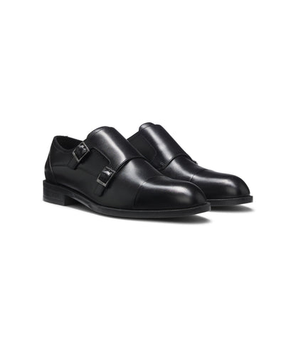 Boss Leather Monk Shoes With Double Strap Black Black