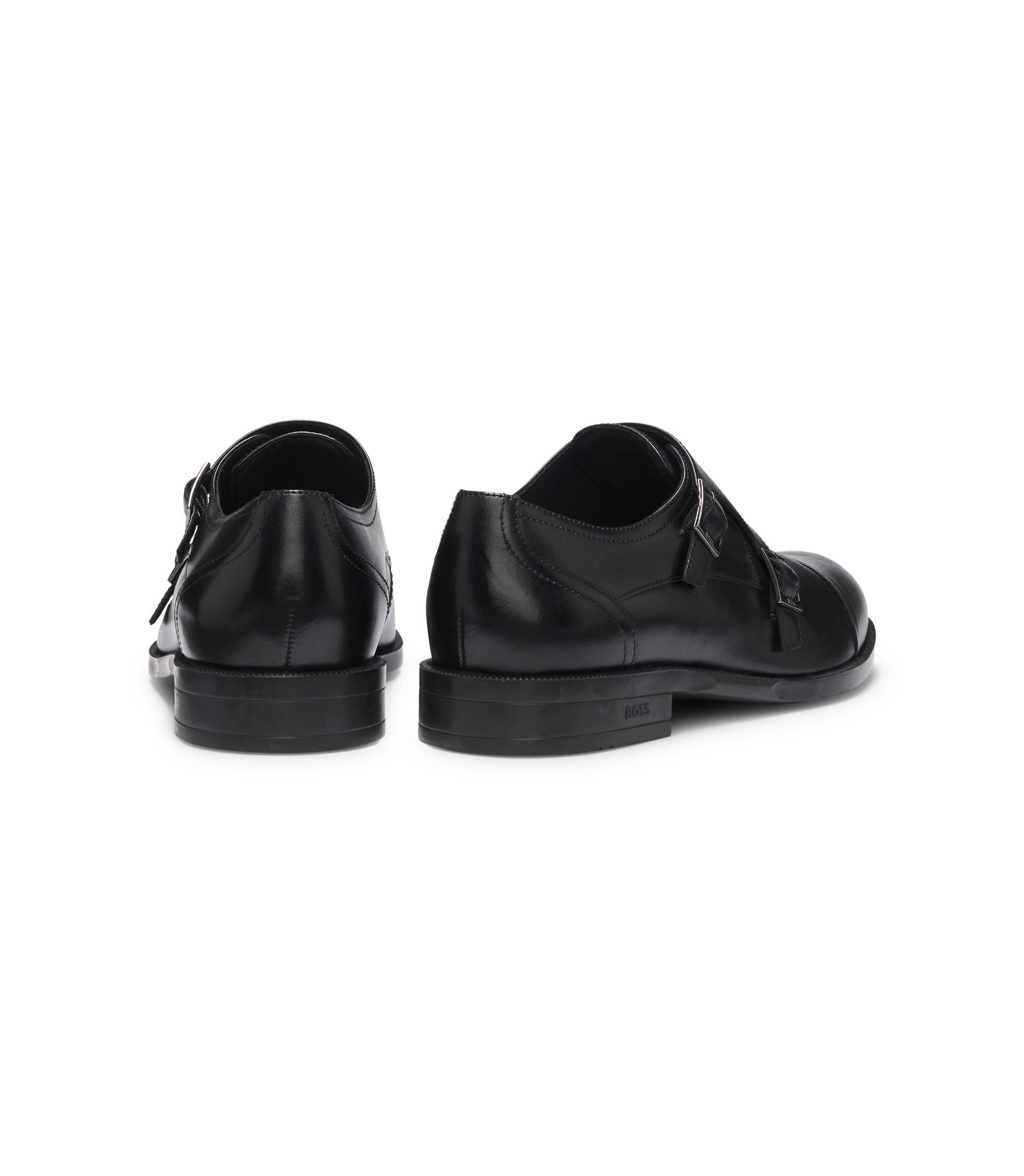 Boss Leather Monk Shoes With Double Strap Black Black