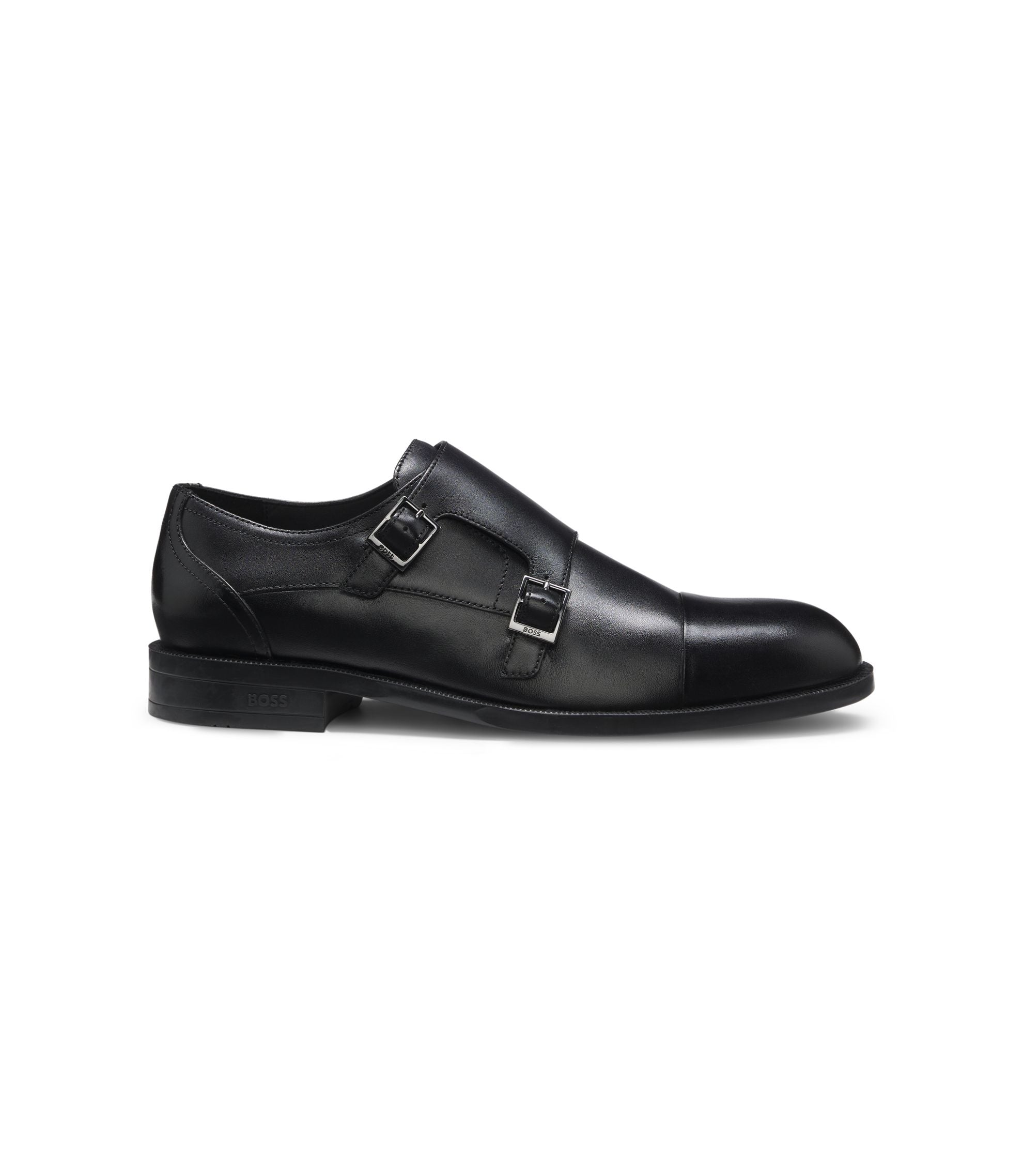 Boss Leather Monk Shoes With Double Strap Black Black