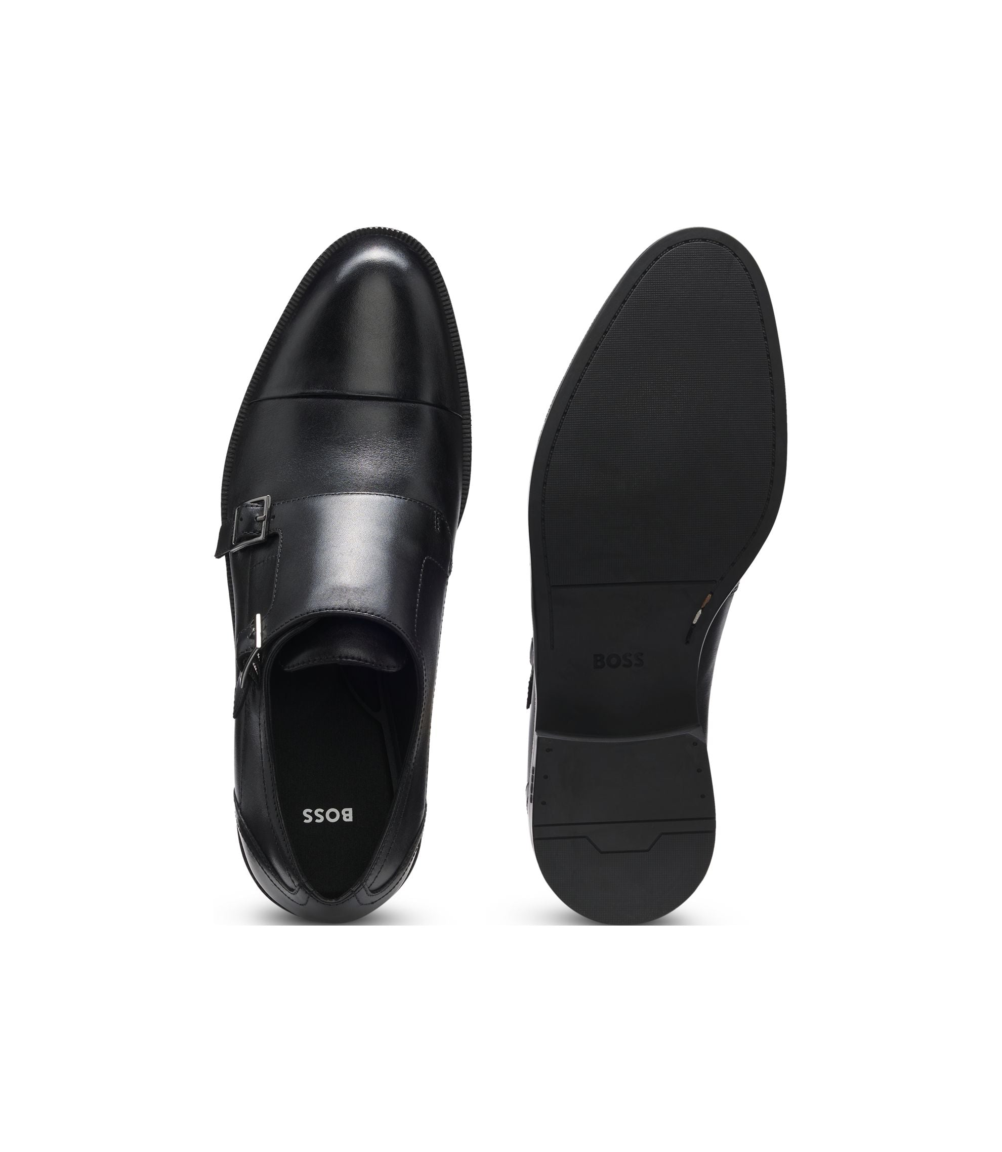 Boss Leather Monk Shoes With Double Strap Black Black