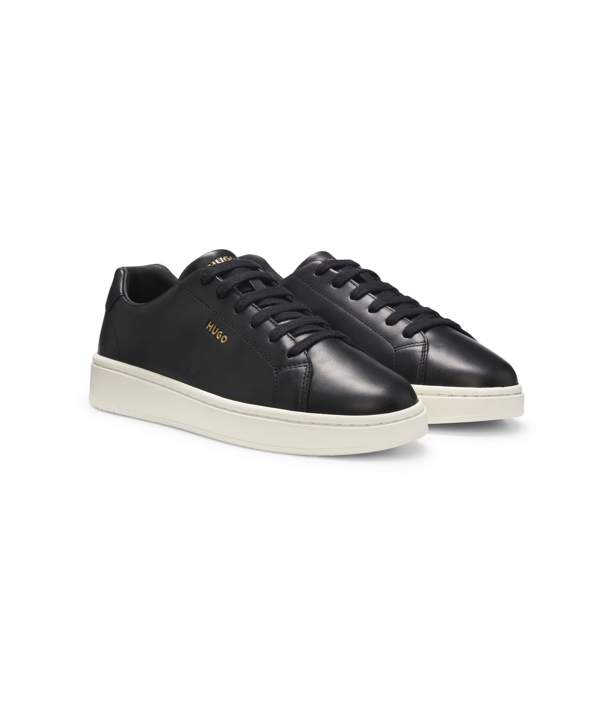 Hugo Nappa Leather Sneakers With Gold Tone Logo Black Black
