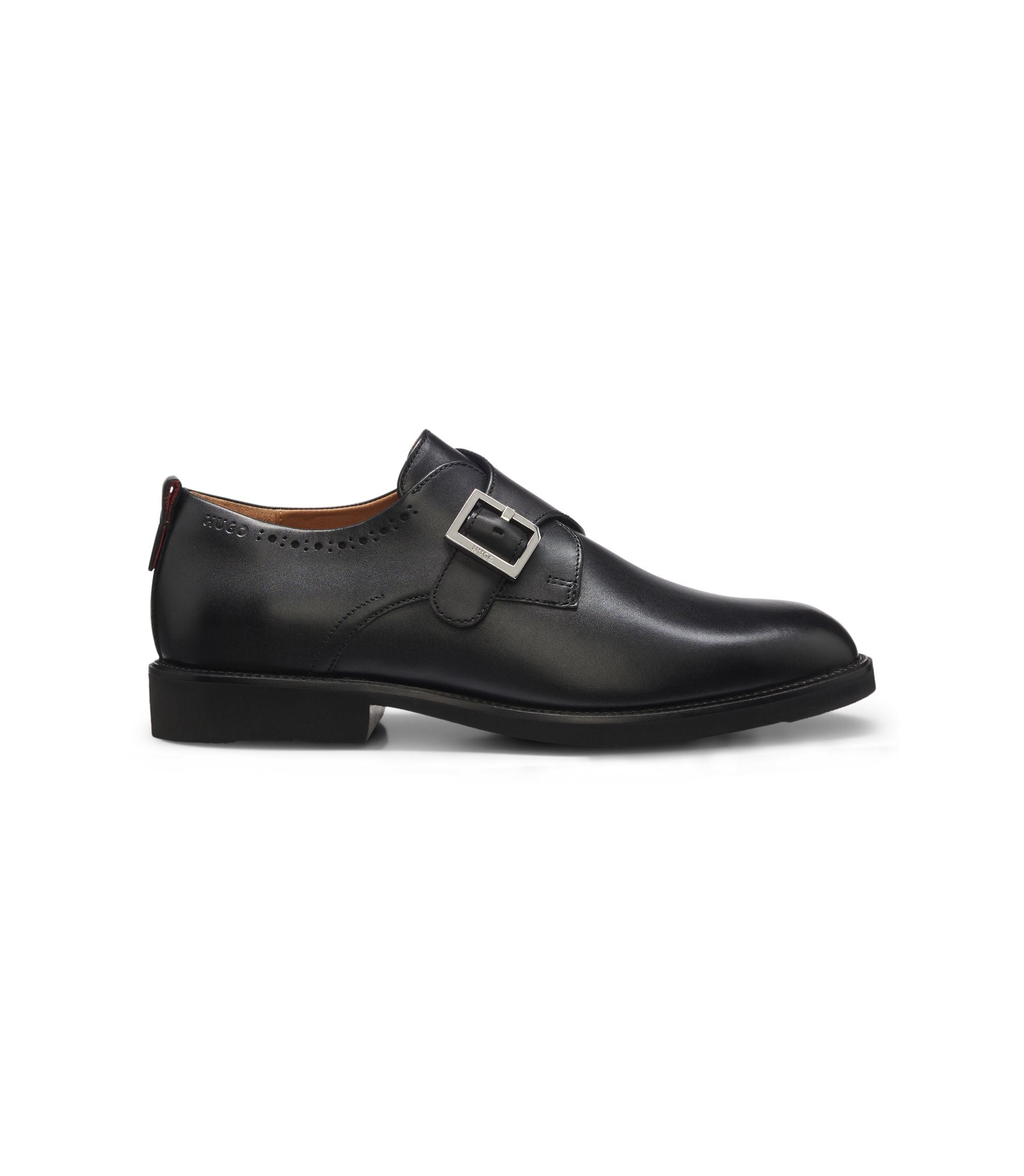 Hugo Leather Monk Strap Shoes With Brogue Detailing Black Black