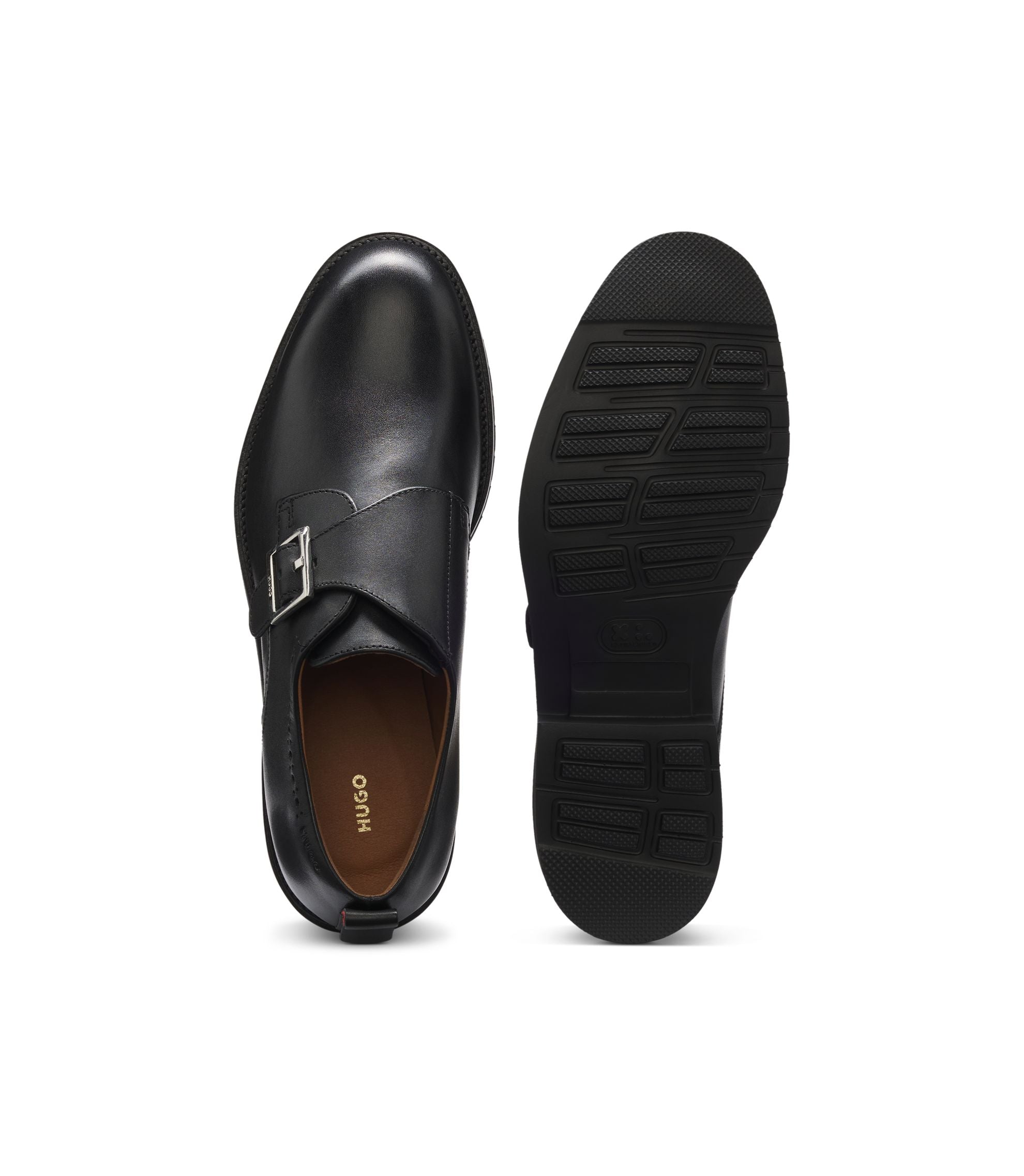 Hugo Leather Monk Strap Shoes With Brogue Detailing Black Black