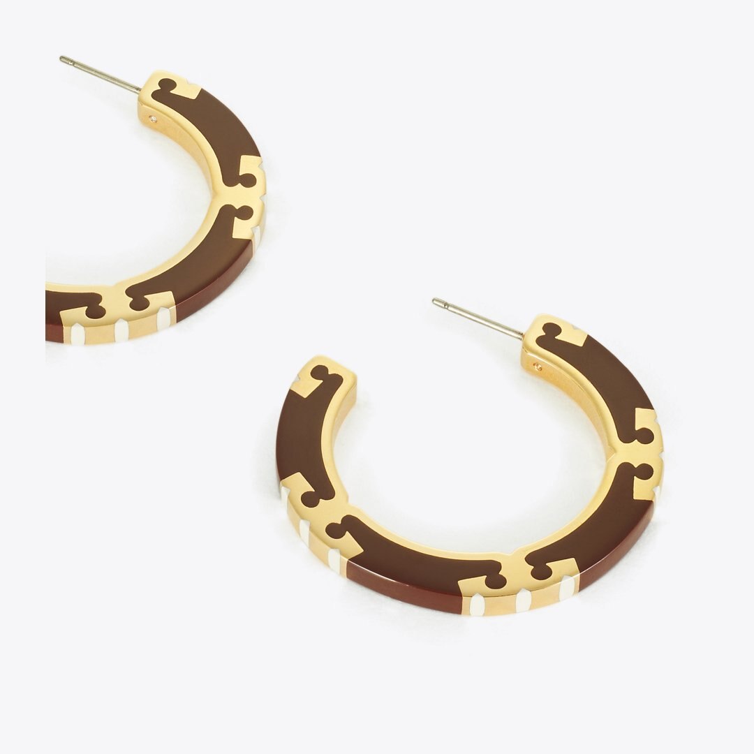 Tory Burch Icon Enamel Hoop Earrings Tory Gold / Burgundy / Pink