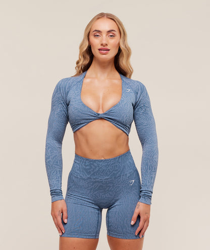 Women's Gymshark Adapt Animal Long Sleeve Crop Top Worn Blue