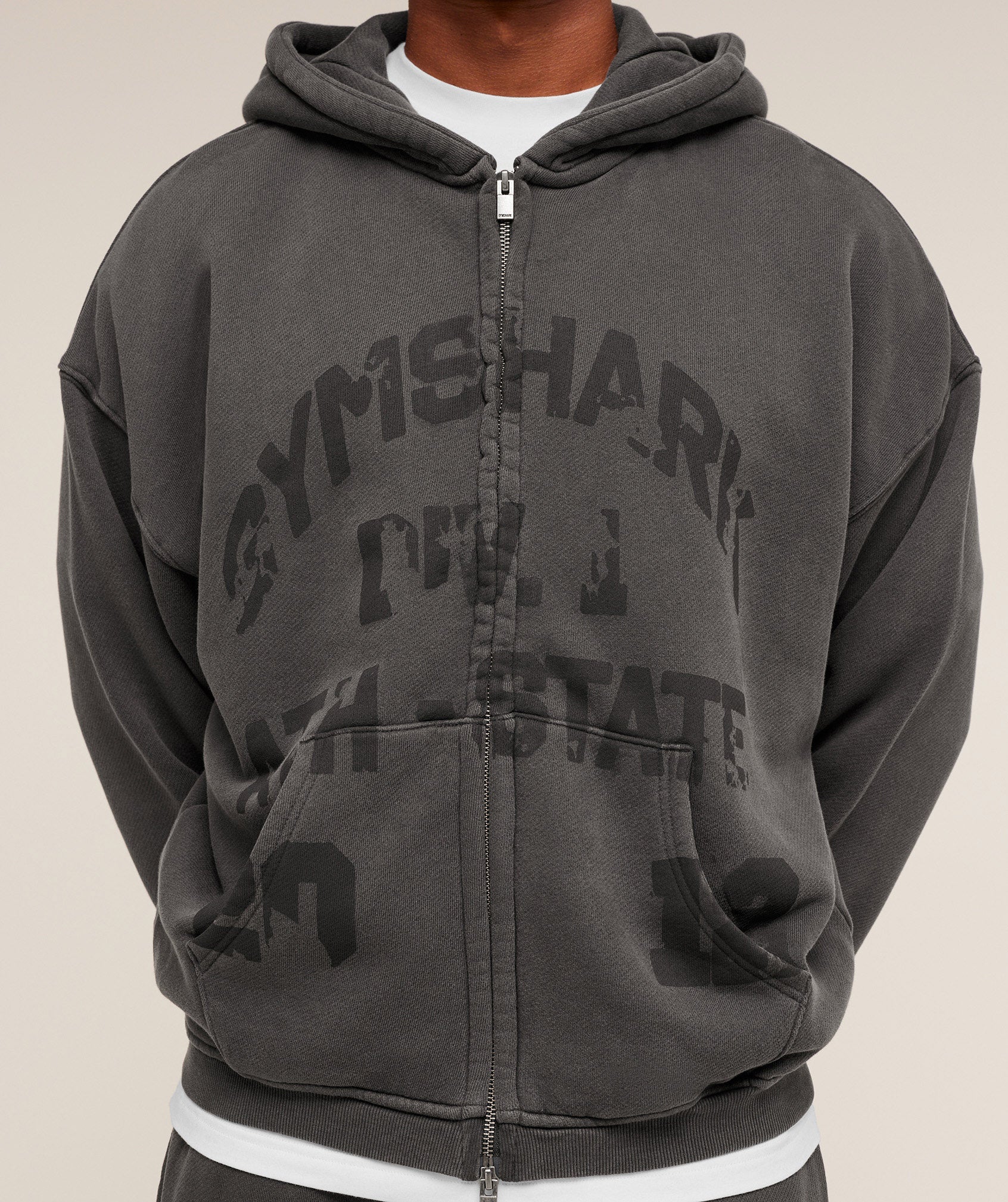 Gymshark Collegiate Washed Zip Up Hoodie Asphalt Grey