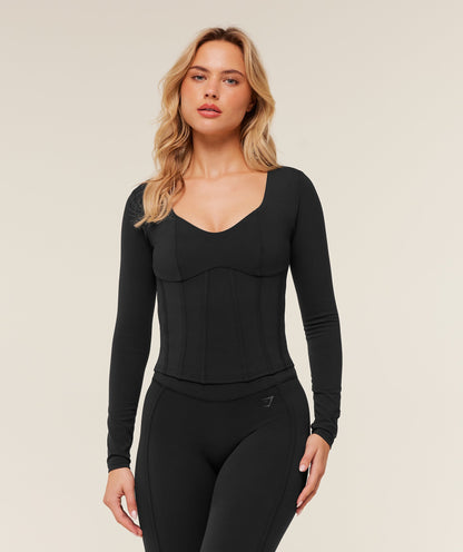 Women's Gymshark Corset Long Sleeve Crop Top Gs Black