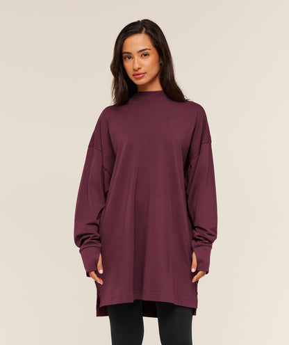 Women's Gymshark Covered Longline Cotton Long Sleeve Top Gs Impact Burgundy