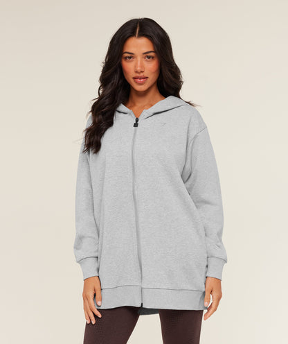 Women's Gymshark Covered Longline Zip Up Hoodie Light Grey Core Marl