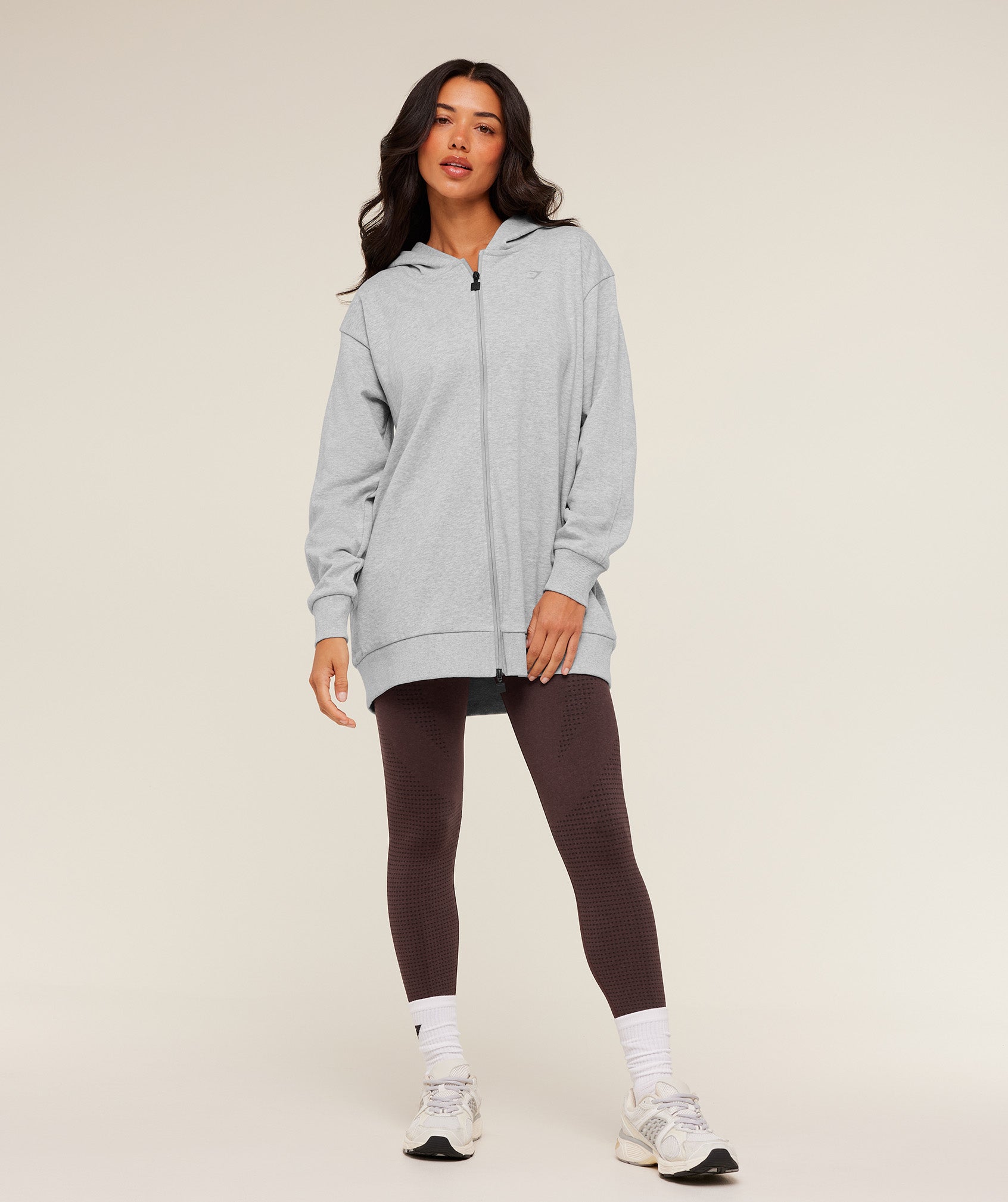 Women's Gymshark Covered Longline Zip Up Hoodie Light Grey Core Marl